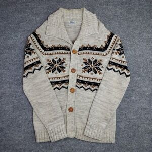 Vintage 70s Sven Cardigan Sweater XL Beige Virgin Acrylic Long Sleeve Cable Knit